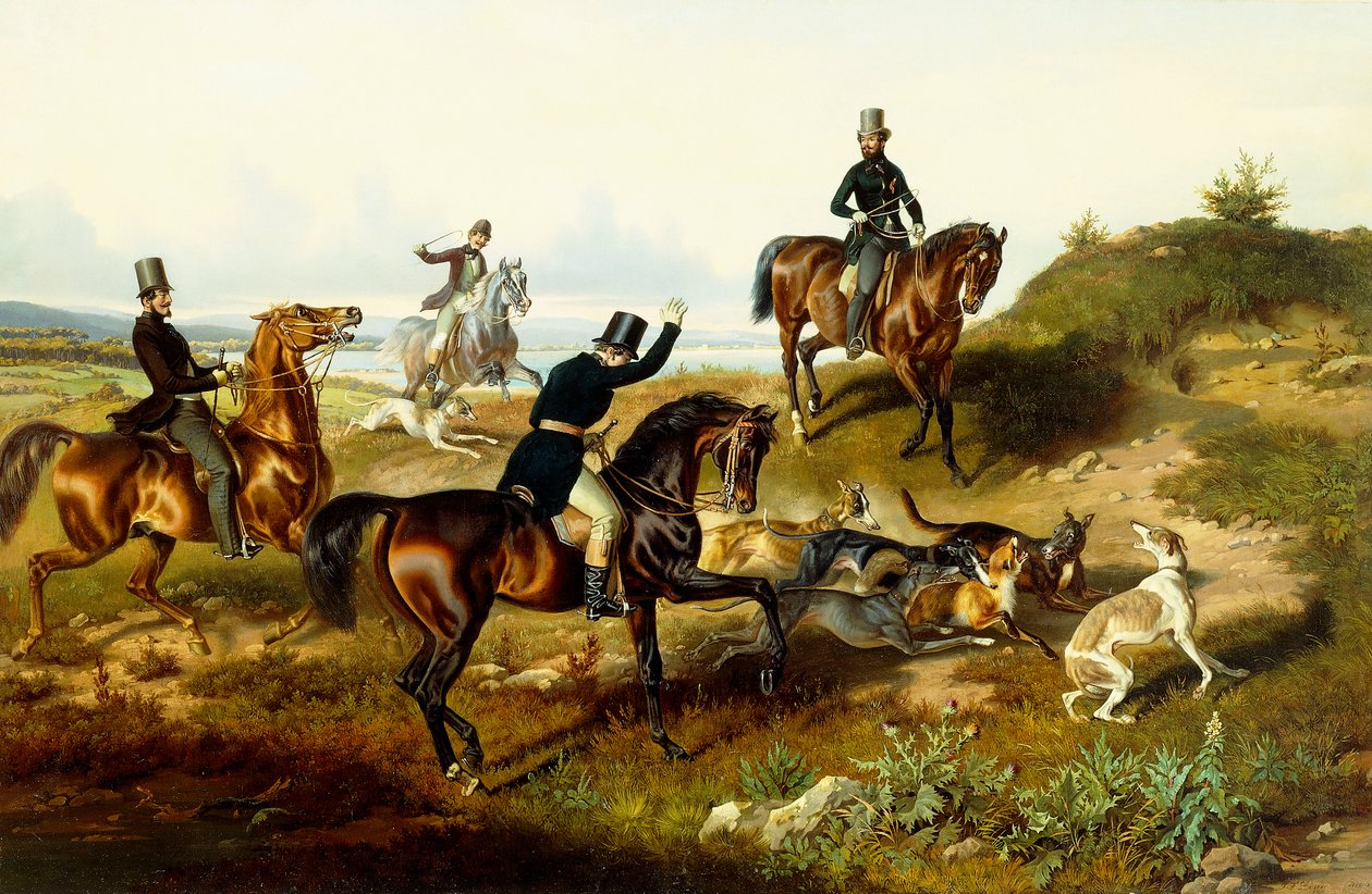 Frederick II metsästysseurueensa kanssa (öljy kankaalle) tekijältä Julius Zimmerman