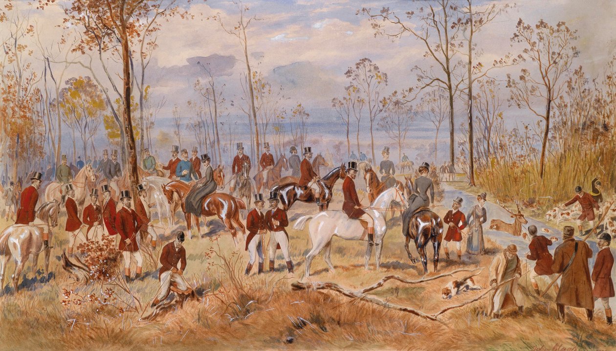 Metsästys. Julius von Blaasin (1845-1922) teos, akvarelli paperille, noin 1890. Itävaltalainen taide tekijältä Julius von Blaas
