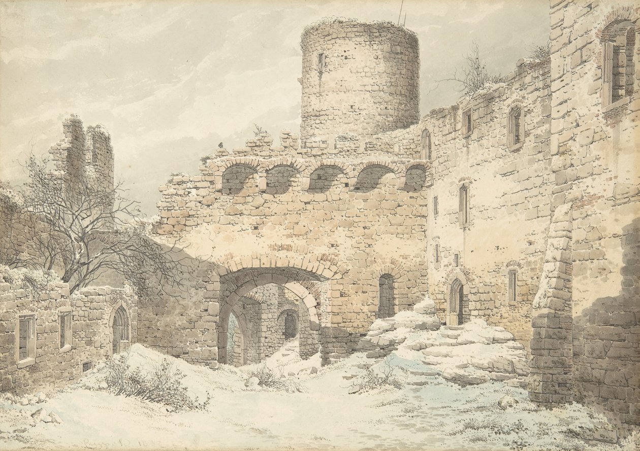 Talvinäkymä raunioituneen keskiaikaisen linnan pihalle, 1832. tekijältä Julius von Leypold