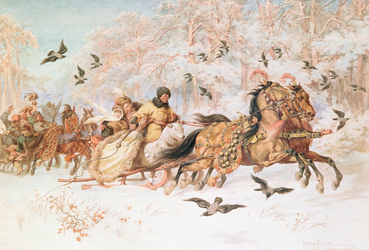 Olenka ja Kmicic Kuligissa, n. 1887 tekijältä Juliusz Fortunat Kossak
