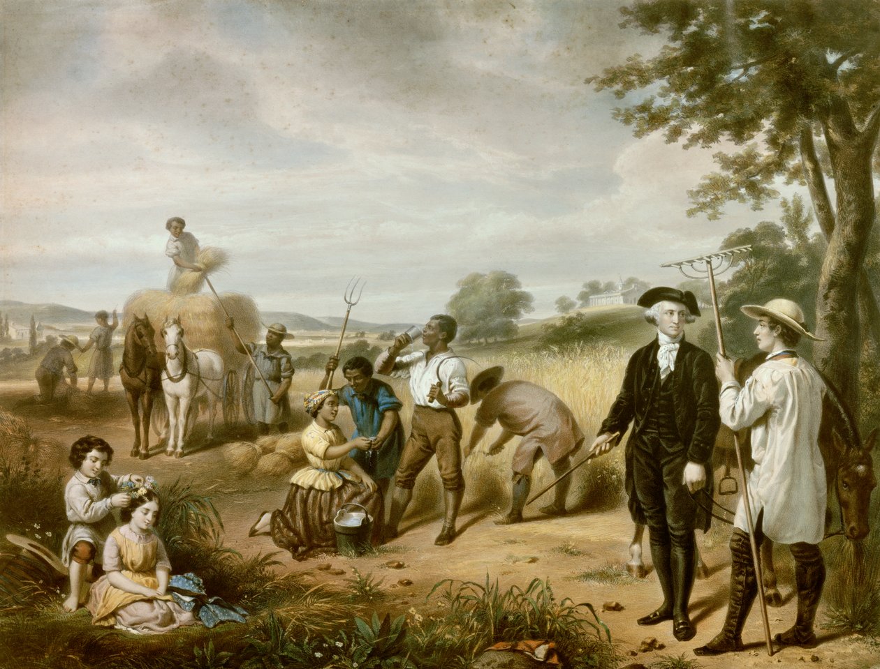 Washington maanviljelijä: George Washington (1732-1799) Mont Vernonin pelloilla, hänen istutuksensa Earl of Fairfaxissa, Virginiassa. Vasemmassa alakulmassa on hänen kaksi lapsepuolia, John ja Martha Parke Custis. Litografia tekijältä Junius Brutus Stearns