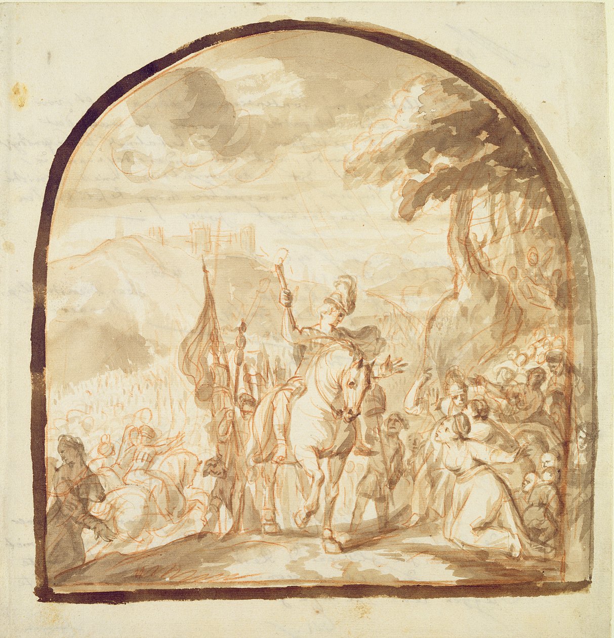 Claudius Civilis jättää naiset ja lapset menemään ja taistelemaan Xantenissa, 1662 (kynä ja ruskea muste ja liitu paperille) tekijältä Jürgen Ovens