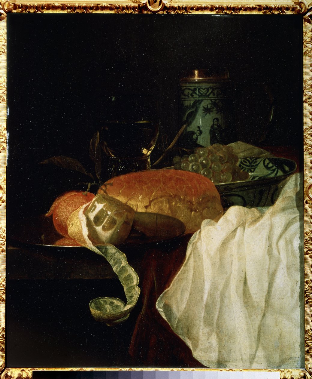 Hedelmät, leipä ja viini (Hedelmät, leipä ja viini). Jurlaen van Streeckin (1632-1687) maalaus. Öljy puulle, 53 x 45 cm tekijältä Jurian van Streeck or Streek