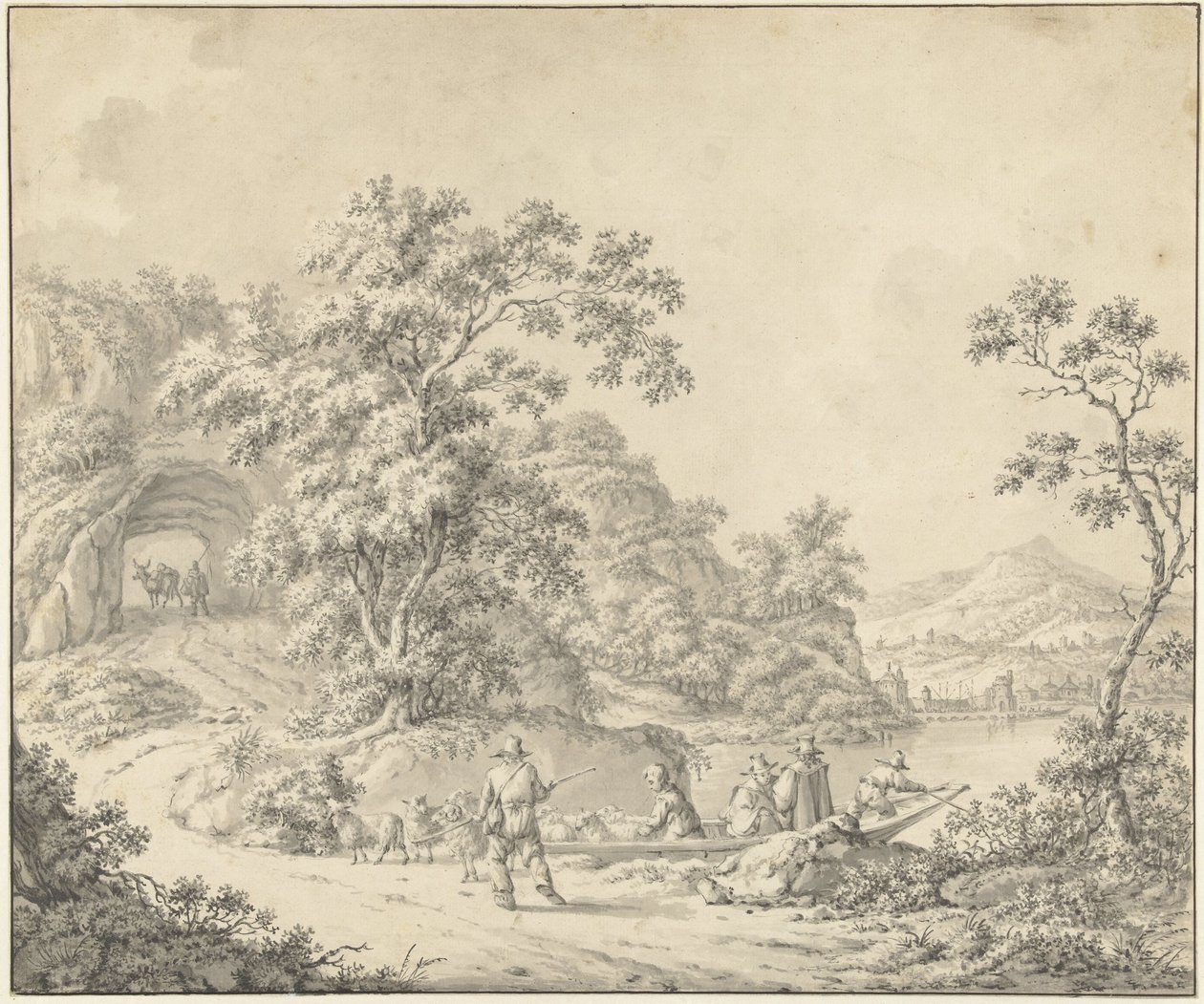 Maisema veneellä, jossa paimen laumansa kanssa tekijältä Jurriaan Andriessen (attributed to)
