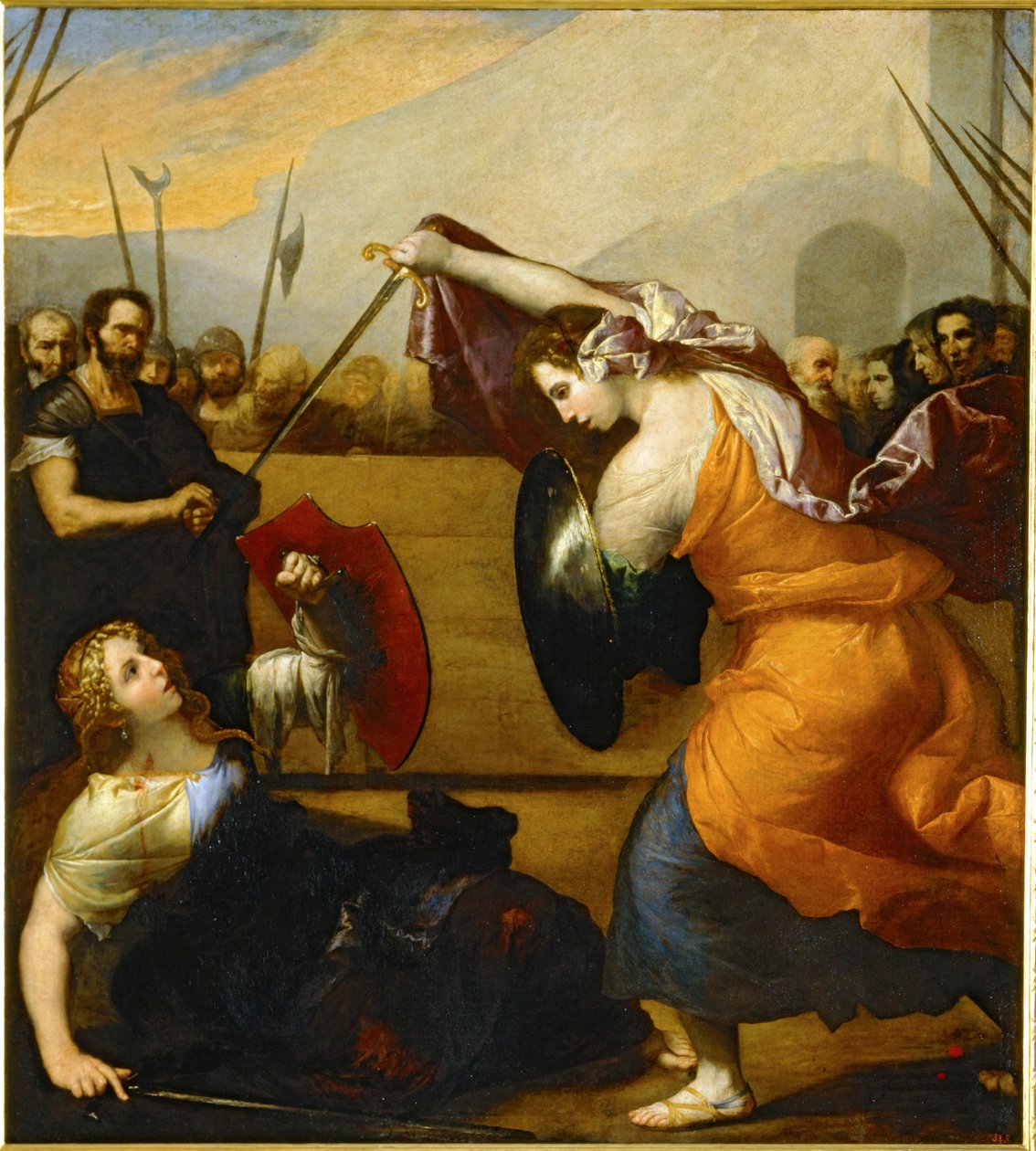 Isabella de Carazzin ja Diambra de Pottinellan kaksintaistelu ... (maalaus kankaalle) tekijältä Jusepe de (1591-1652) Ribera