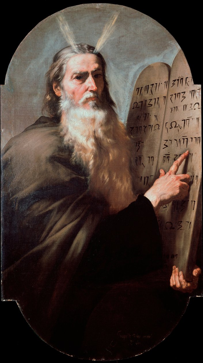 Mooses Profeetta on edustaja, jolla on lain taulukot. Spagnoletton Joseph de Riberan maalaus (1591-1652) 1638 Dim. 168x97 cm Napoli, San Martinon museo tekijältä Jusepe de Ribera