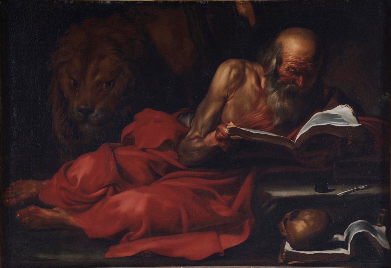 ""Pyhän Hieromuksen esitys"" (Saint Jerome of Stridon, 347-420) Jose de Riberan (1591-1652) maalaus Koko 103,2x149 cm Villa Margherita, Bordighera tekijältä Jusepe de Ribera