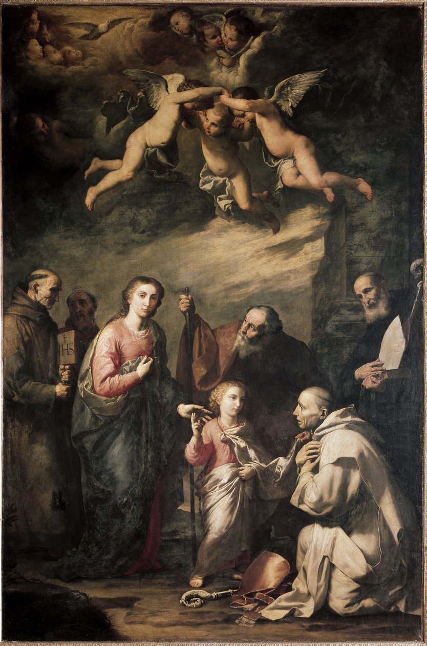 Pyhä perhe Kölnin Pyhän Brunon ja muiden pyhien kanssa - Pyhä perhe Kölnin Pyhän Brunon ja muiden pyhien kanssa. Jose (Jusepe) Ribera, dit lo Spagnoletto (1591-1652) maalaus tekijältä Jusepe de Ribera