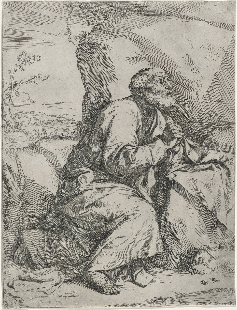Katuva pyhä Pietari, n. 1621 (etsaus kaiverruksella päällystetylle paperille) tekijältä Jusepe de Ribera