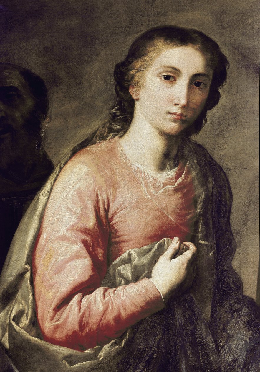 Neitsyt. Yksityiskohta Pyhästä perheestä Kölnin Pyhän Brunon ja muiden pyhien kanssa. Jose (Jusepe) Ribera, dit lo Spagnoletto (1591-1652) maalaus tekijältä Jusepe de Ribera