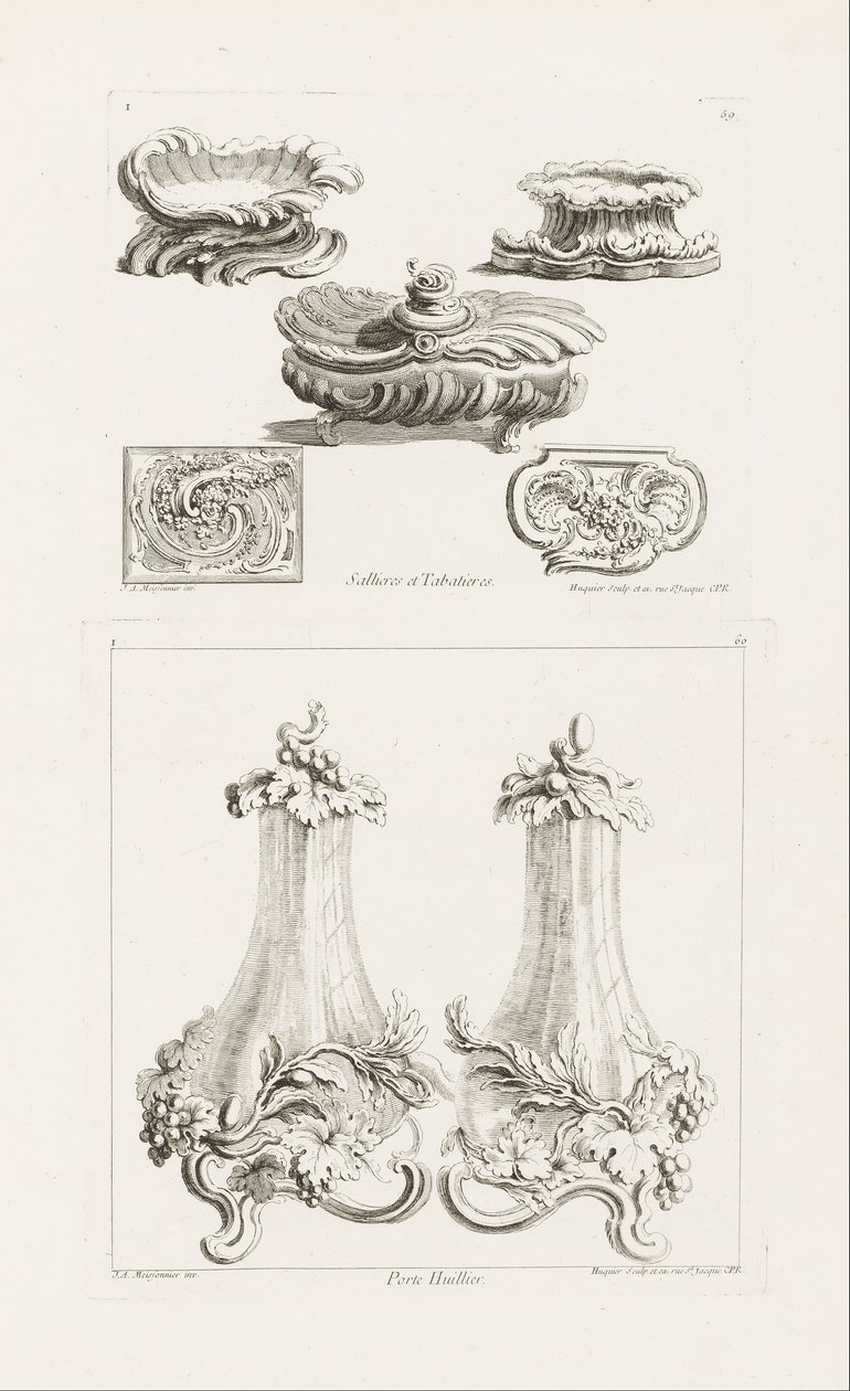 Sallieres et Tabatières (suola-astiat ja nuuskarasiat), levy 69 julkaisussa Works of Juste-Aurèle Meissonni ... tekijältä Juste Aurèle Meissonnier