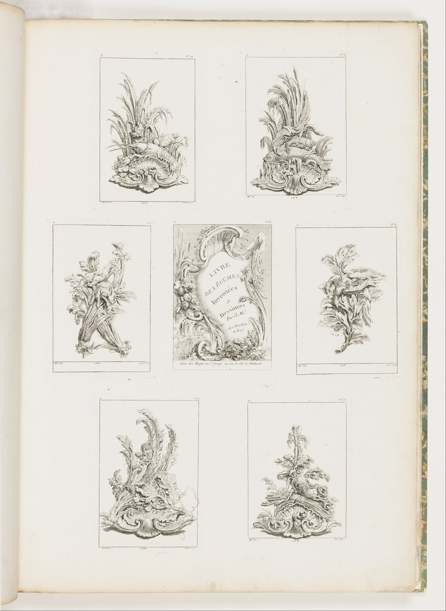 Ornamentin suunnittelu rapu -motiivilla, pl. 14 paikassa Livre des Légumes (Kasviskoriste -sarja) pl. i tekijältä Juste Aurèle Meissonnier