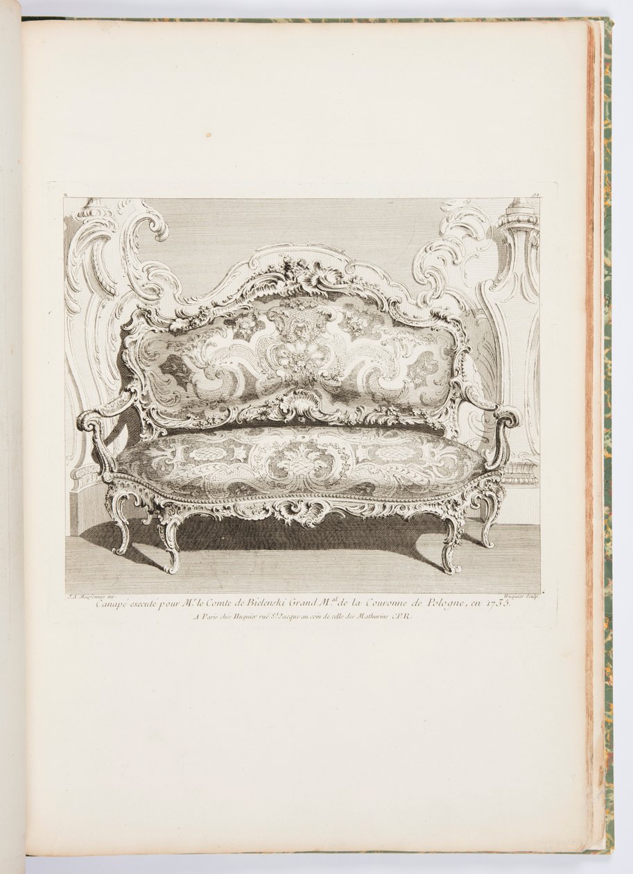 Sohva teloitettiin Puolan kruunun Bielinskin kreivi Grand Malille vuonna 1735.; Bielinskin kreiville vuonna 1735 teloitettu sohva, 4. lautanen tekijältä Juste Aurèle Meissonnier