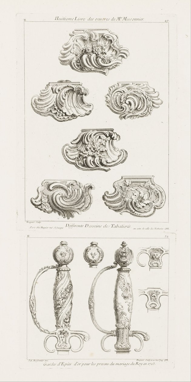 Miekkakahva kuninkaan avioliiton kunniaksi vuonna 1725, pl. 52 teoksessa Oeuvre de Juste-Aurele Meissonnier. tekijältä Juste Aurèle Meissonnier
