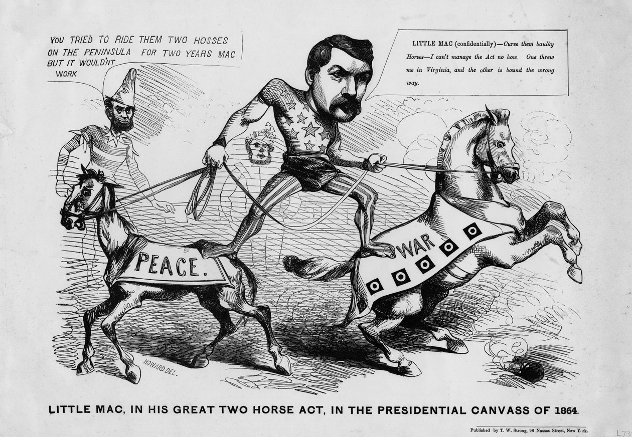 Pikku Mac suuressa kahden hevosen näytelmässään vuoden 1864 presidentinvaaleissa, julkaisija T.W Strong, New York, noin 1864 tekijältä Justin Howard
