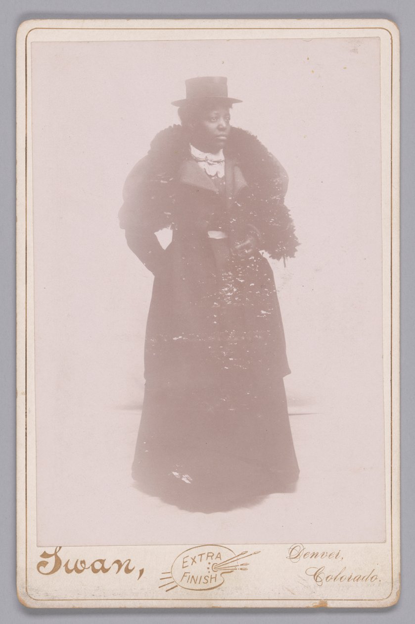 Kaappikortti tuntemattomasta naisesta, jolla on silinteri ja turkisvaras, n. 1895. tekijältä Justus C. Swan