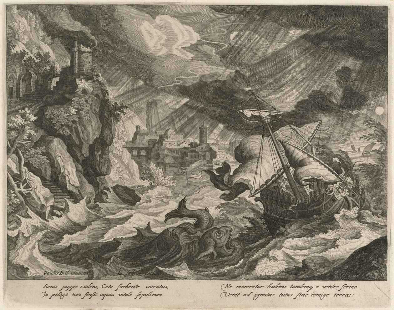Jonah heitetty myrskyiseen mereen tekijältä Justus Sadeler after Paul Bril