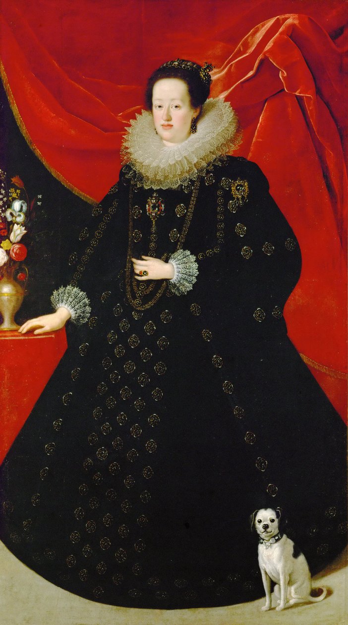 Eleonora Gonzaga (tai Mantova) - Eleonora Gonzagan (1598-1655) muotokuva mustassa mekossa, Sustermans, Justus (Giusto) (1597-1681). Öljy kankaalle, n. 1624. Koko: 207x108 cm. Taidehistoriallinen museo, Wien tekijältä Justus Sustermans