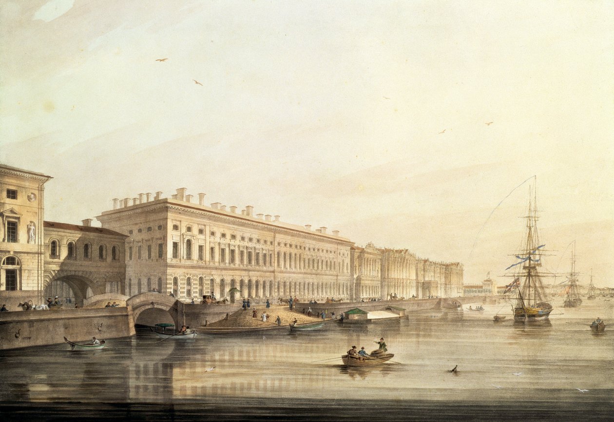 Näkymä Palatsin penkereeltä, kaiverrus Karl Petrovich Beggrov (1799-1875), 1826 (litho wc) tekijältä K. and Shiflard, S. Sabat