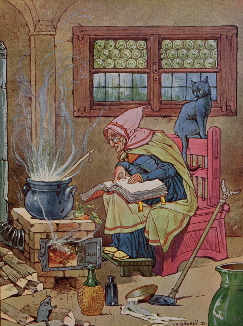 Bruxa, ilustração de um livro de contos, c.1910-20 (gravura colorida)finlandês tekijältä K. Savely Dezso