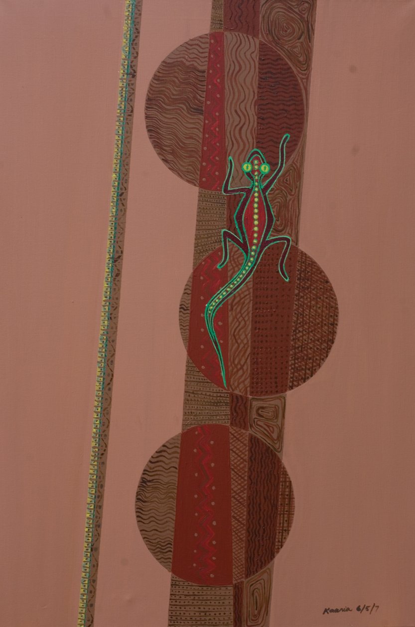 Aboriginal Lizard, 2007 (öljy ja akryyli kankaalle) tekijältä Kaaria Mucherera