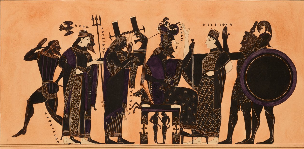 Koristeen vedos kreikkalaiselle amforalle, jossa näkyy Hephaestus, Hera, Poseidon..., v. 1844. tekijältä Kaeppelin et Compagnie