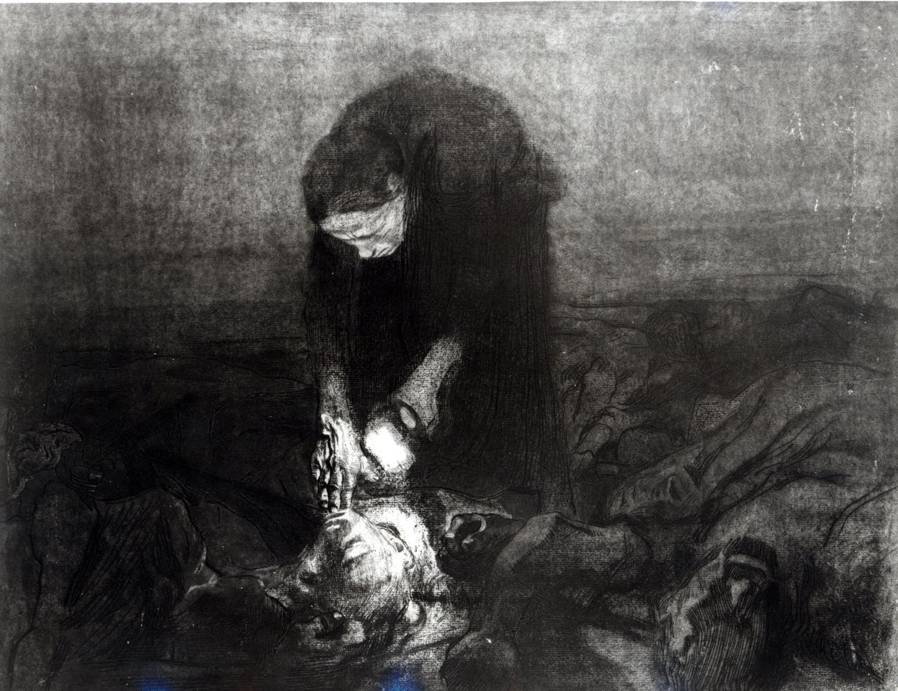 Taistelun jälkeen, sarjasta "Talonpoikien kapina", 1907 (etsaus, kaiverrus ja akvatinta) tekijältä Käthe Kollwitz