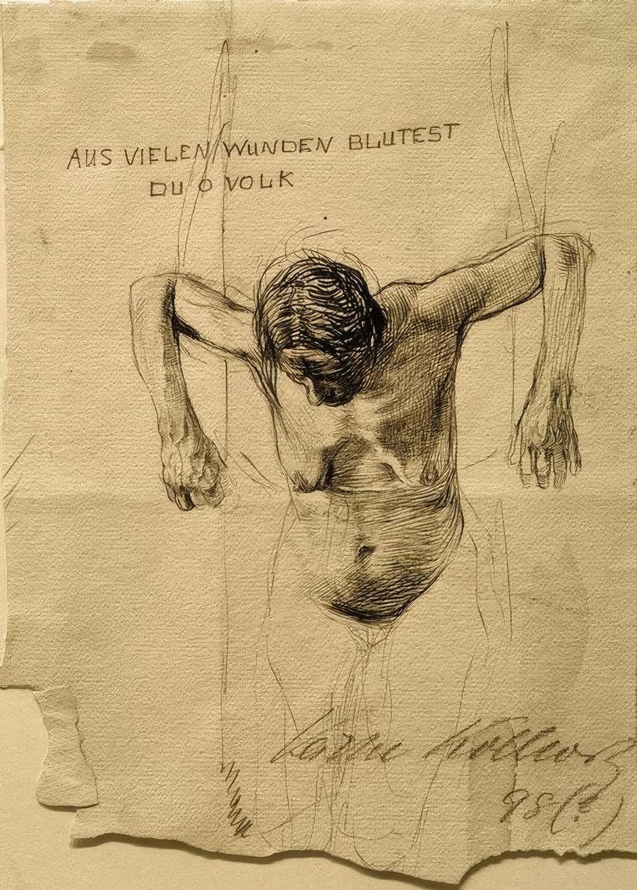 Aktstudie zur Radierung Aus vielen Wunden blutest du, o Volk tekijältä Käthe Kollwitz