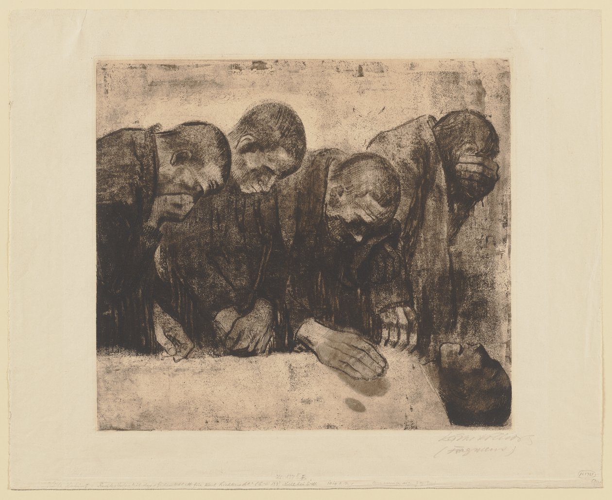 Alkuperäisen sommitelman oikealla puolella olevat neljä hahmoa, ”Muistolehti Karl Liebknechtille. Hylätty ensimmäinen versio” tekijältä Käthe Kollwitz