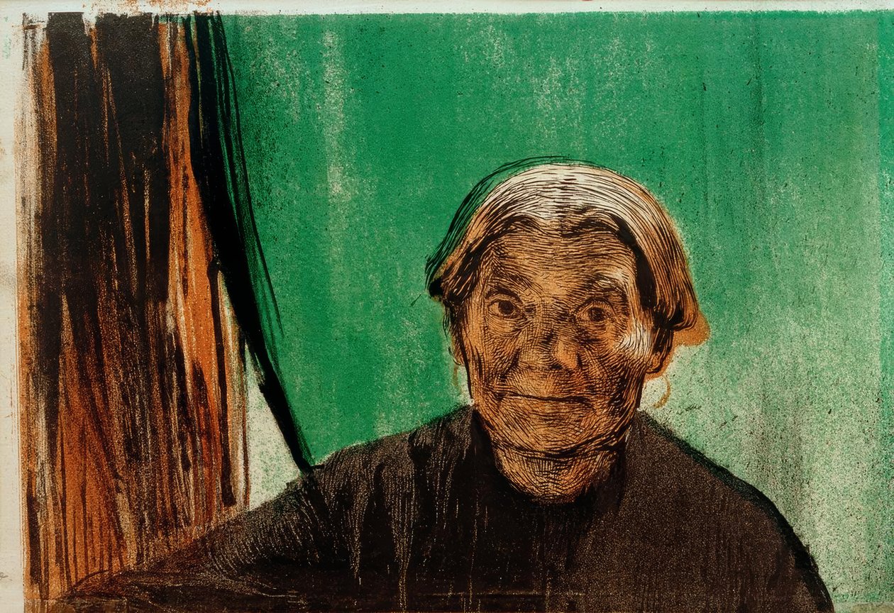 K. Kollwitz, vanha nainen ikkunalla tekijältä Käthe Kollwitz