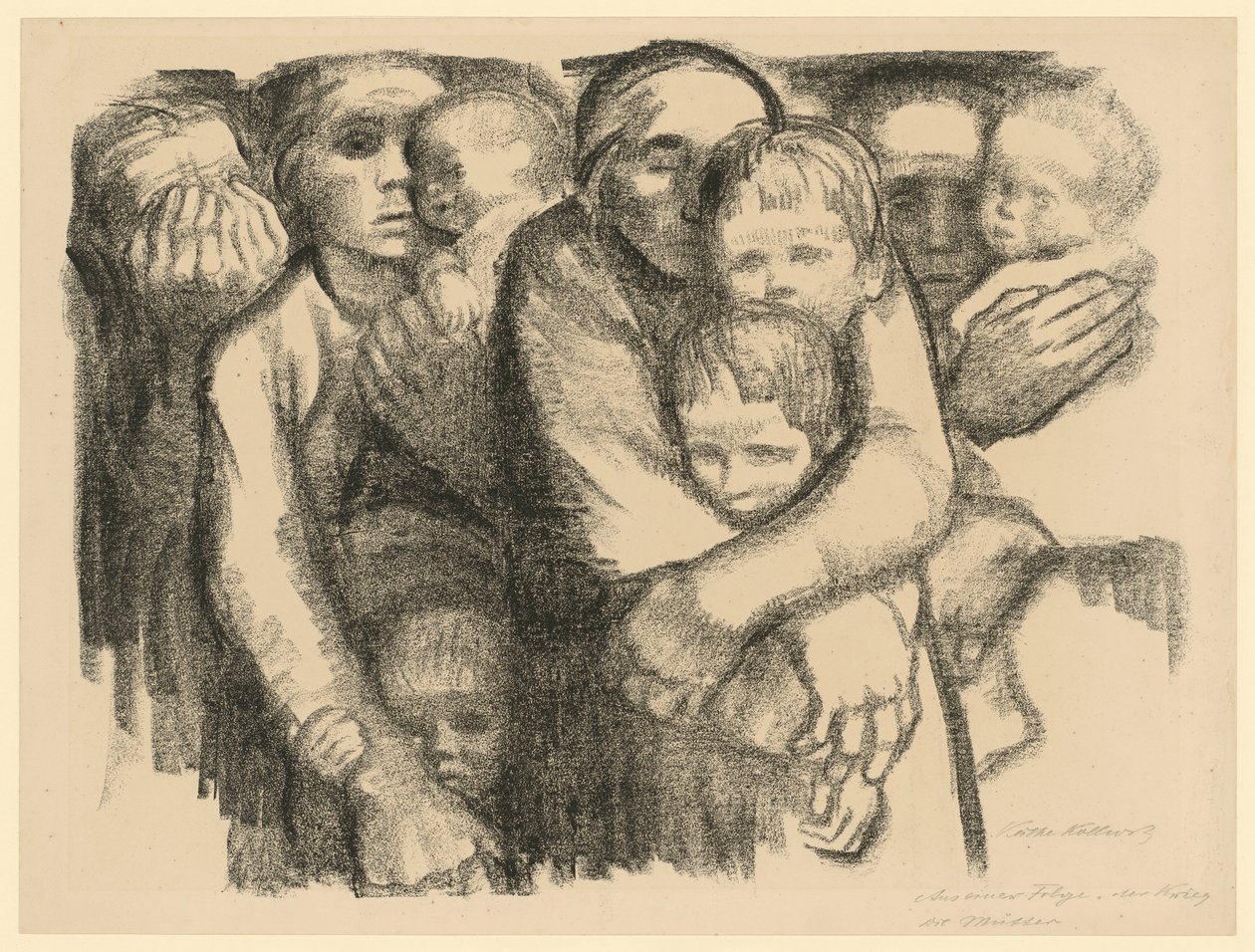 Äidit (hylätty 2. versio sarjan "Sota" 6. lehdestä, 1. tila) tekijältä Käthe Kollwitz