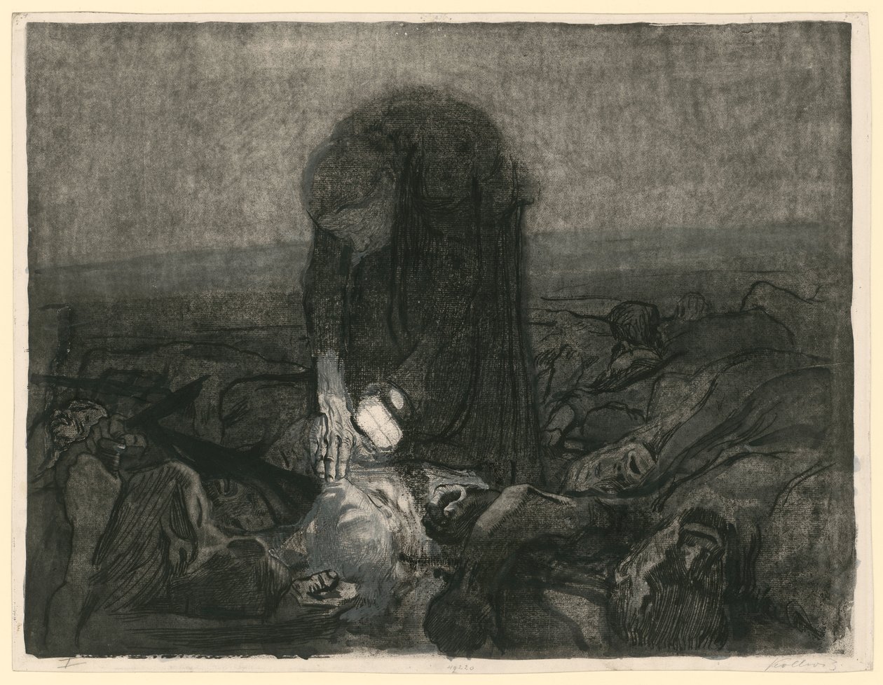 Taistelukenttä (arkki 6 teoksesta ”Bauernkrieg”, 2. versio) tekijältä Käthe Kollwitz