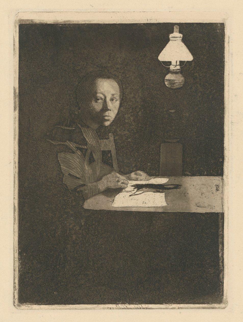 Omakuva pöydän ääressä (lopullinen versio, 3. tila) tekijältä Käthe Kollwitz