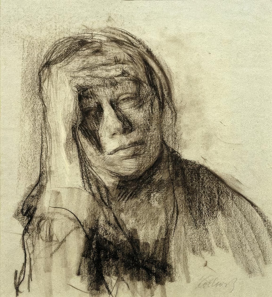 Selbstbildnis mit aufgestütztem rechten Arm, die Hand an der Stirn tekijältä Käthe Kollwitz