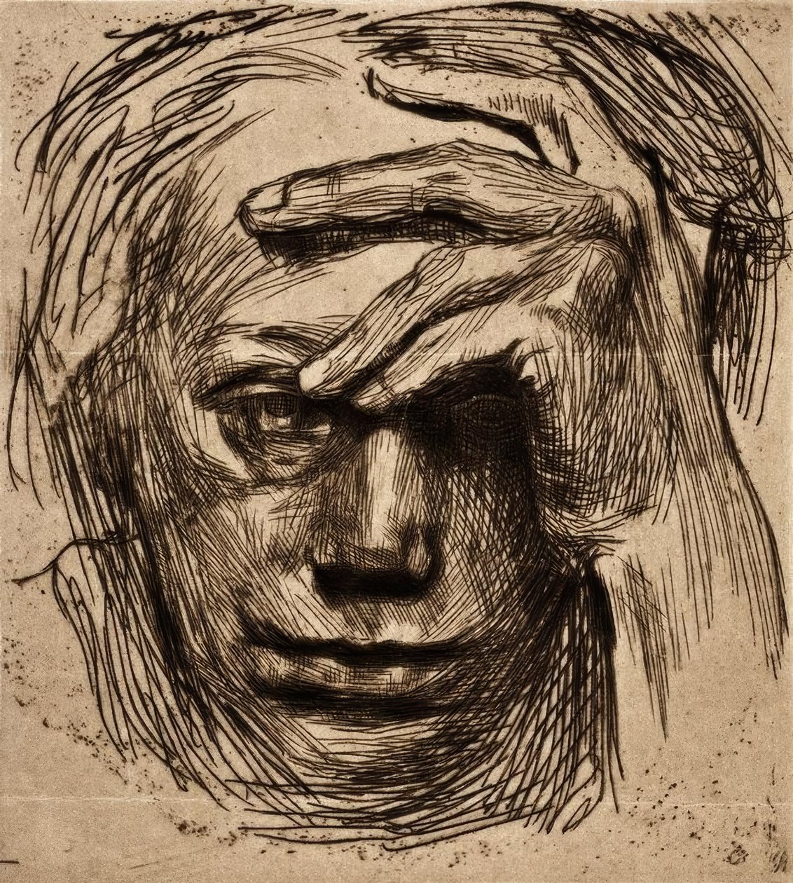 Selbstbildnis mit der Hand an der Stirn tekijältä Käthe Kollwitz