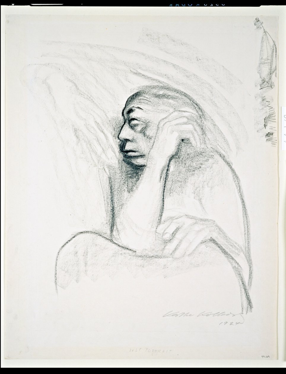Omakuva kuoleman kädellä, 1924 (hiili paperille) tekijältä Käthe Kollwitz