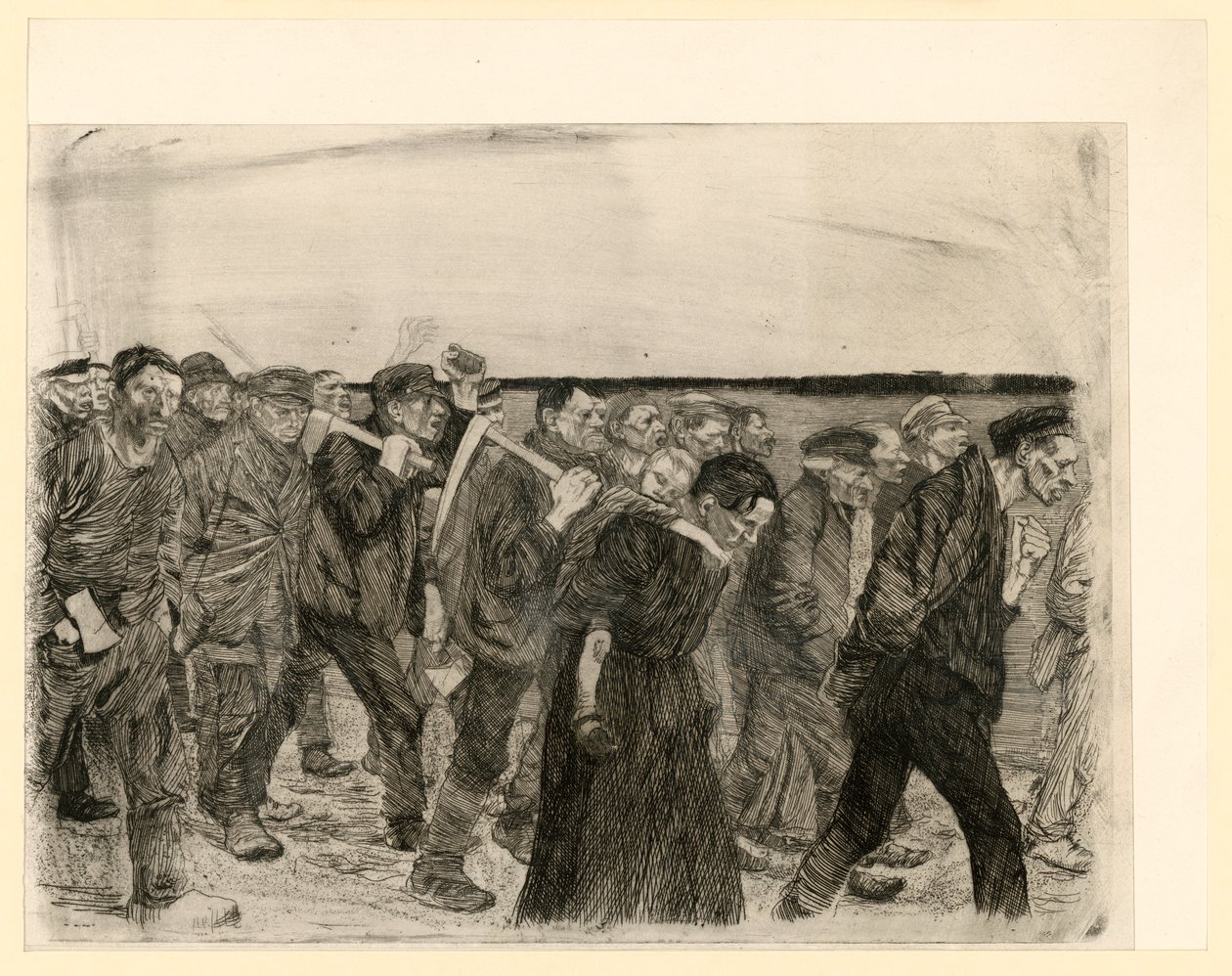 Kutojien kulkue (lehti 4 sarjasta "Kutojien kapina", 2. tila) tekijältä Käthe Kollwitz