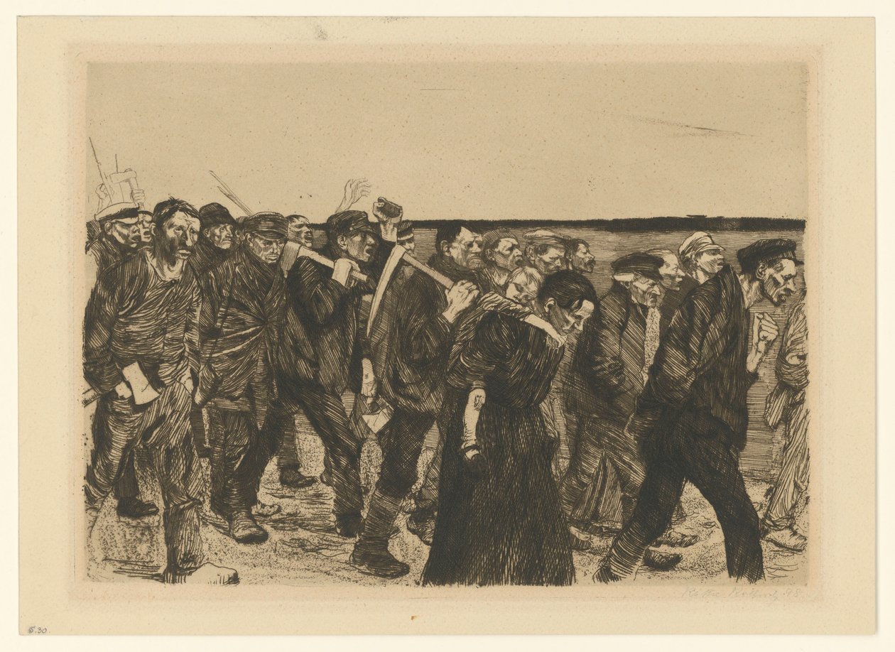 Kutojien marssi (lehti 4 sarjasta "Kutojien kapina", 2. vedostila) tekijältä Käthe Kollwitz
