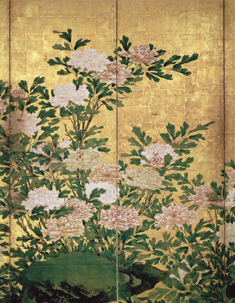 Yksityiskohta Flowersin musteesta, väreistä ja kullasta paperilla tekijältä Kaiho Yusho