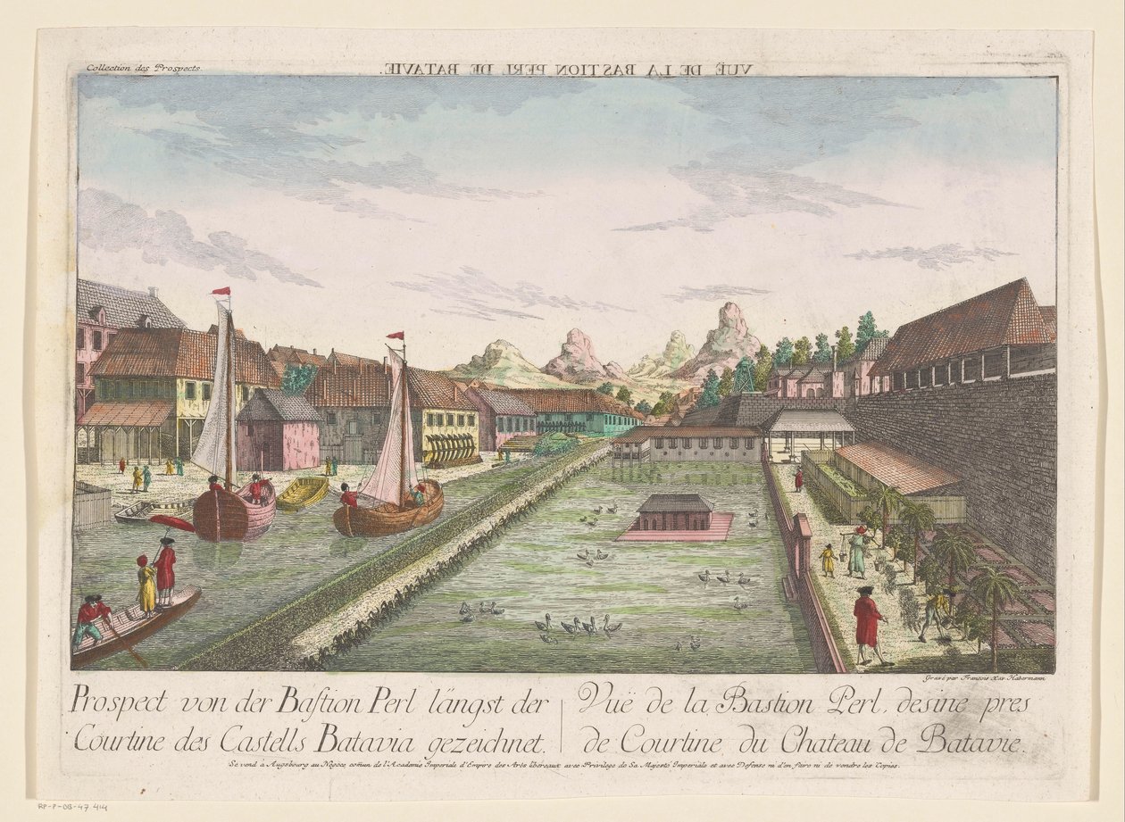 Näkymä kulmalinnakkeelle Parel, osa Batavian linnaa Prospect von der Bastion Perl längst der Courtine des Castells Batavia gezeichnet (otsikko esineessä) tekijältä Kaiserlich Franziskische Akademie
