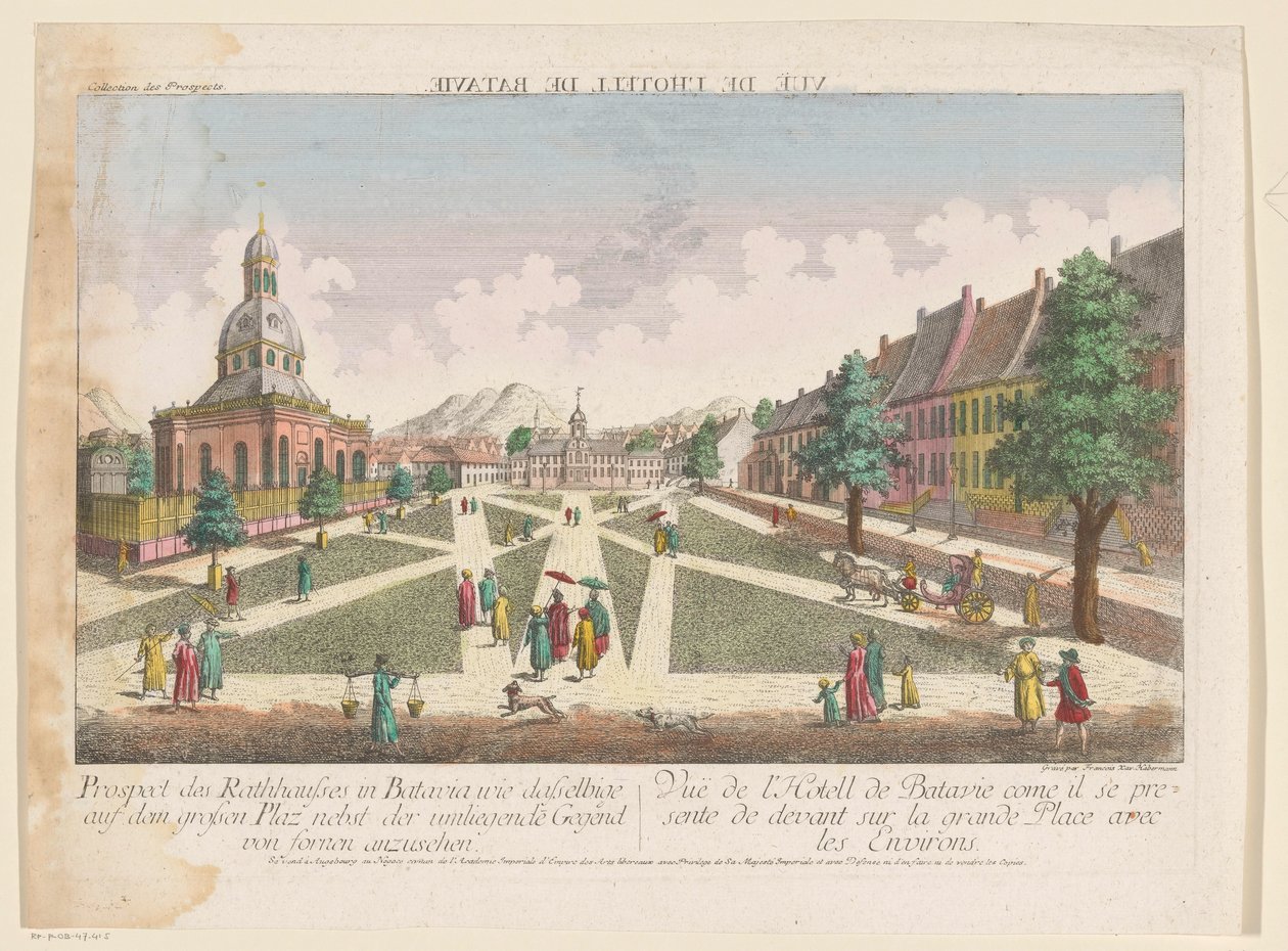 Gezicht op het stadhuis en de Nieuwe Hollandse Kerk te Batavia Batavian kaupungintalon näköala kuin sama isolla aukiolla nähdäksesi yhdessä Fornenin ympäröivän alueen kanssa (otsikko esineessä) tekijältä Kaiserlich Franziskische Akademie