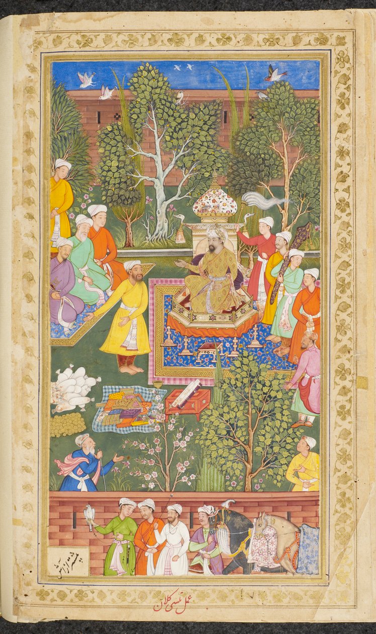 Tai. 3714 Vol.4 fol.491v Juhla, johon osallistuivat uzbekistanin, hindujen ja kizilbash-lähettiläät, jotka toivat lahjoja ja rahaa Baburiin, "Vaki