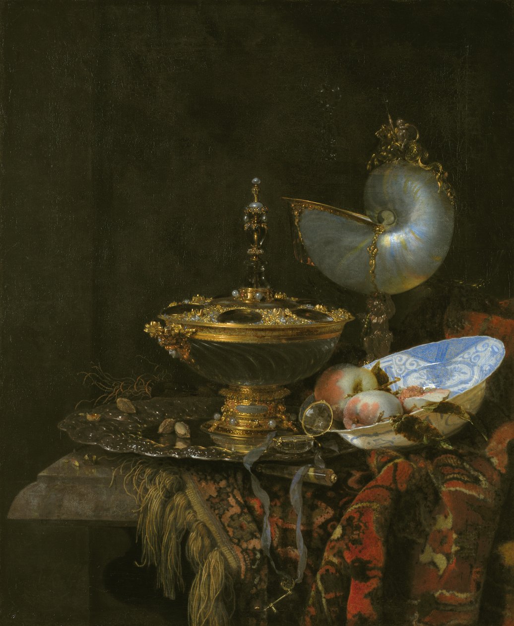 Pronk asetelma Holbein Bowlilla, Nautilus Cupilla, lasikupilla ja hedelmälautasella tekijältä Kalf