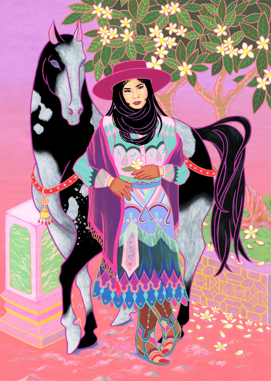 Cantones Cowgirl Waiting Under Plumeria, 2020 (akryyli puuvillalla) tekijältä Kam Tsz