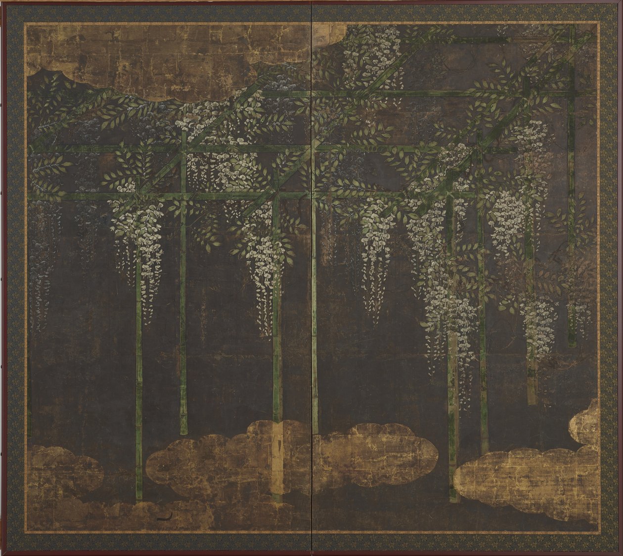 Kukkiva wisteria bambusäleikkössä, Seinä (kaksi paneelia), 1500-1600-luku (paperilla väri, kulta ja hopea) tekijältä Kano Eitoku