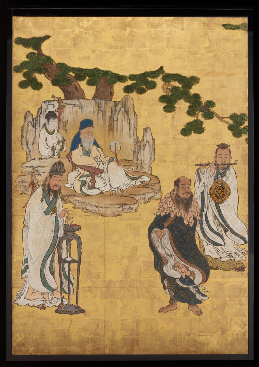 Taoist Immortals, n. 1647 (muste, värit ja kulta paperille) tekijältä Kano Sansetsu