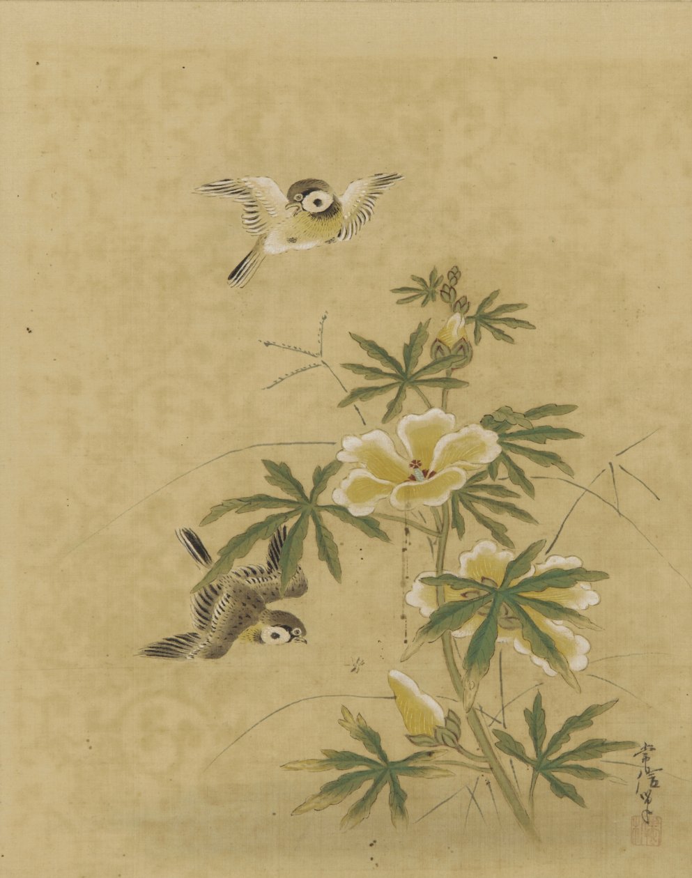 Linnut ja kukat, Edo-kausi, 1600-luvun puoliväli - 1700-luvun alku (muste ja väri silkillä) tekijältä Kano Tsunenobu