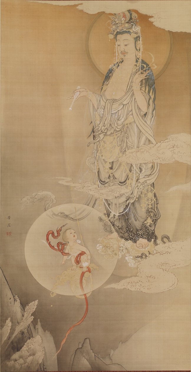 Bodhisattva Kannon, 1883 (muste, väri ja kulta silkille) tekijältä Kano Hogai