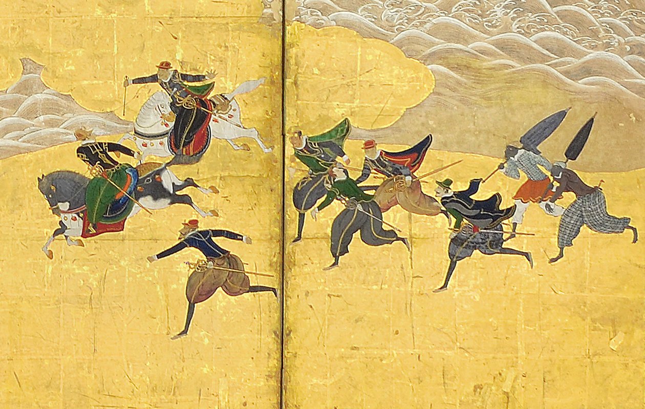 Yksityiskohta Southern Barbarians Come to Trade, pari kuusipaneelista näyttöä, 1600-luvun alku tekijältä Kano Naizen