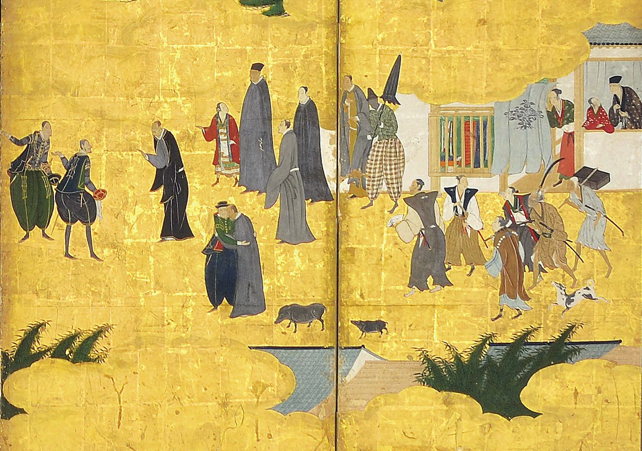 Yksityiskohta Southern Barbarians Come to Trade, pari kuusipaneelista näyttöä, 1600-luvun alku tekijältä Kano Naizen